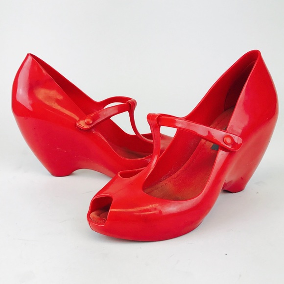 Melissa Shoes - FINAL PRICE Melissa Vinyl Red Jelly T Strap Wedges